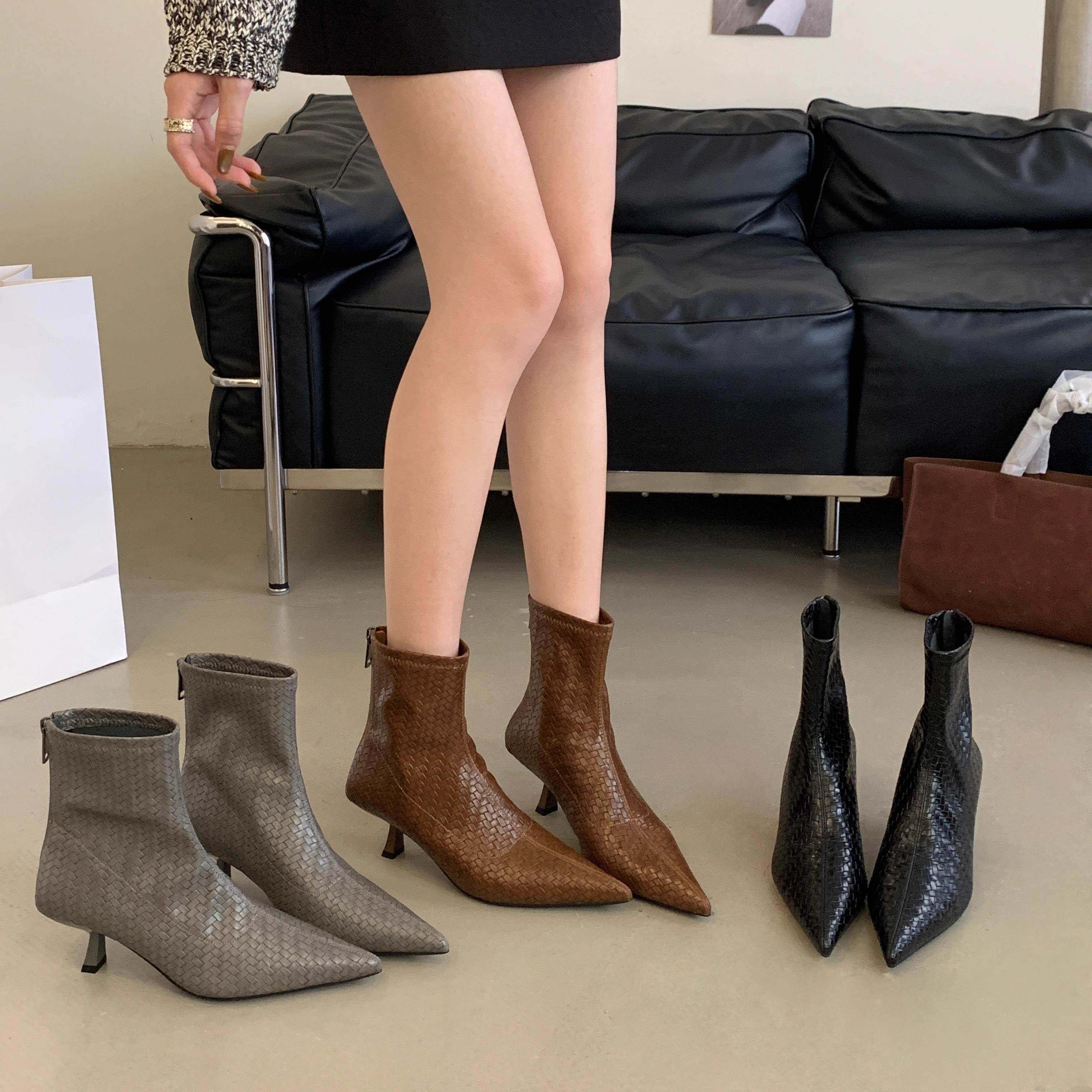 香港2025年冬季新款细跟编织尖头时装靴女鞋低跟靴子瘦瘦靴及踝靴,女鞋,时装靴,淘宝优惠券,粉丝福利购,淘宝优惠卷