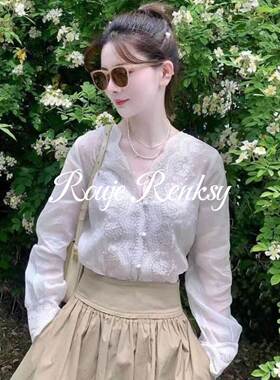 法国rouje renksy法式气质减龄V领蕾丝刺绣白色薄款简约衬衫女春