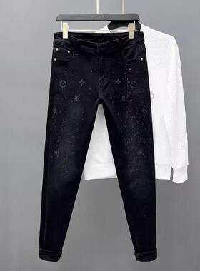 欧洲站黑色满天星烫钻时尚网红牛仔裤男士个性百搭修身弹力四季款