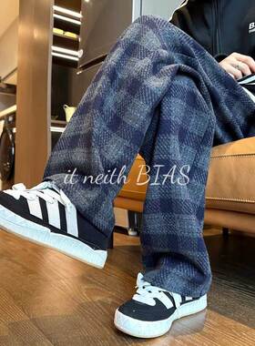 it neith BIAS格子裤子男美式复古直筒春秋潮流大码阔腿重磅休闲