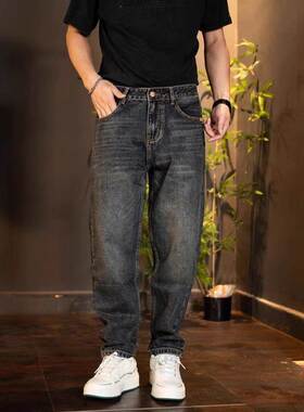 GM新潮 深蓝色宽松微锥牛仔裤男士秋冬新款加绒加厚简约直筒裤子