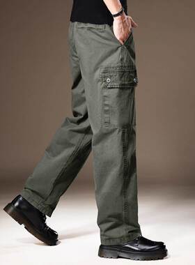 高端秋季新款军绿色纯棉工装裤子男潮牌做旧宽松直筒阔腿休闲长裤
