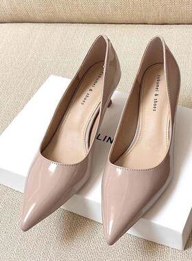 Craes Kally温柔的韩国风格！气质漆皮高跟鞋妇女的尖头裸体通勤