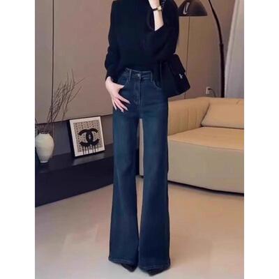 深蓝色微喇牛仔裤女2025春秋季新款高腰显瘦小个子拖地马蹄喇叭裤