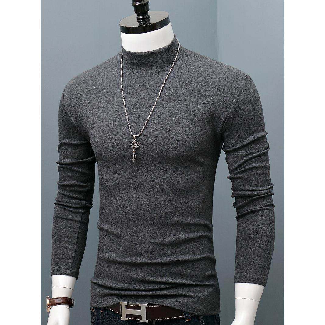 Home Daily~纯棉半高领长袖打底衫男修身纯色t恤百搭男士保暖秋衣