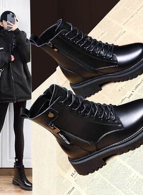 香港真皮黑色马丁靴女2025秋冬新款加绒爆款靴子英伦厚底粗跟短靴