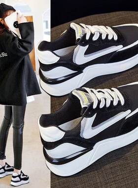 港风轻奢新款~黑色真皮老爹鞋女2024春秋厚底百搭增高运动休闲鞋