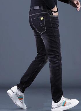 欧货黑色牛仔裤男款潮牌春季新款修身小脚弹力百搭刮烂休闲长裤子
