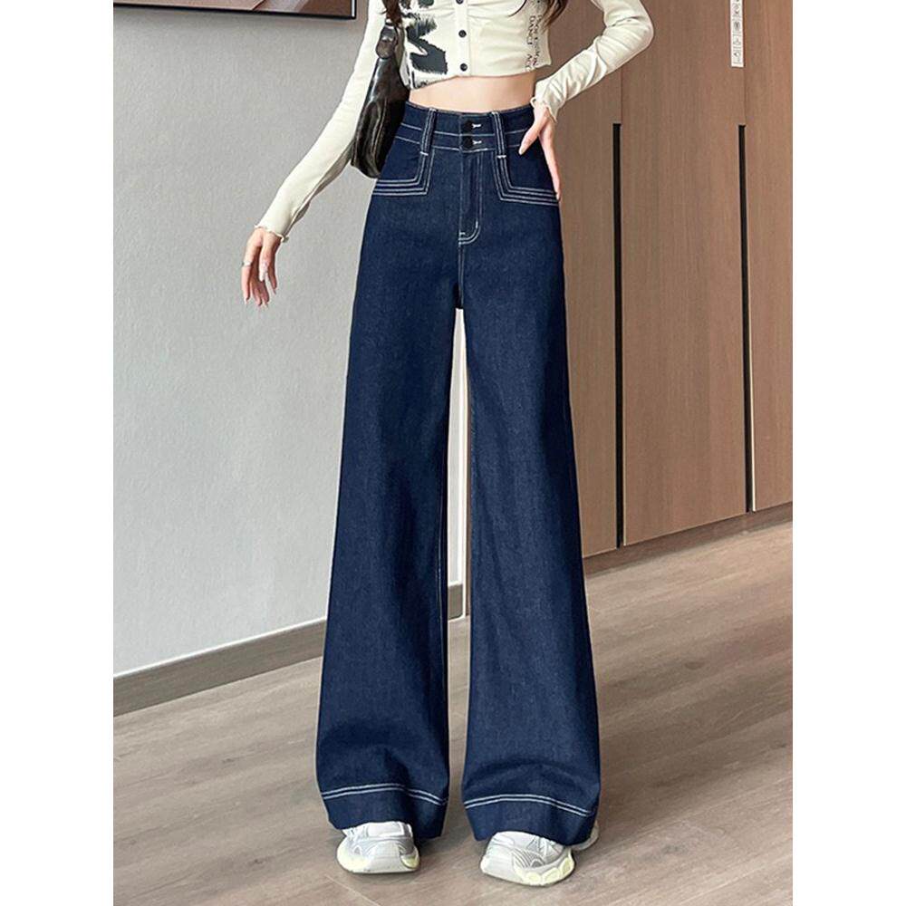 蓝色阔腿牛仔裤女2025春秋新款加绒加厚显瘦垂感小个子直筒拖地裤