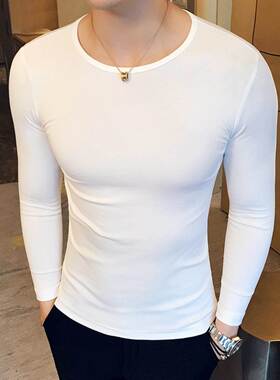 时尚百搭紧身纯棉打底衫男流行白色圆领长袖T恤韩版潮流简约休闲
