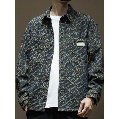 it neith BIAS潮牌高端满身印牛仔衬衫男宽松大码翻领外套夹克潮