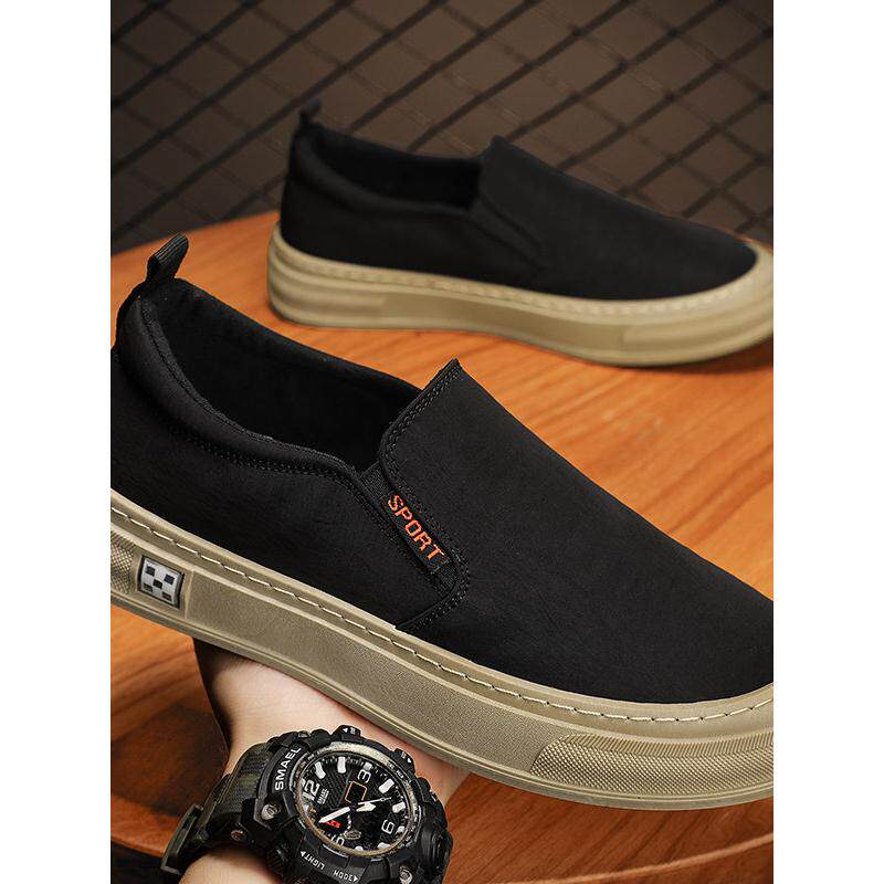 潮牌男生2025新款秋季懒人一脚蹬帆布鞋黑色防滑耐磨休闲运动板鞋