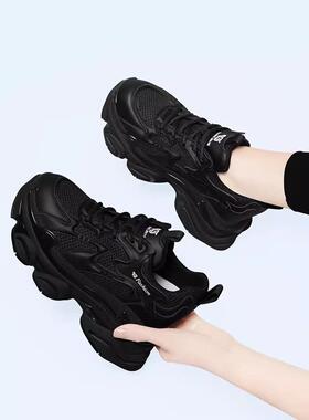 香港黑色厚底老爹鞋女轻便2025新款春秋网面休闲鞋真皮内增高女鞋