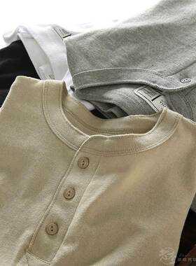 香港潮牌 美式休闲亨利领男士长袖T恤复古秋冬简约百搭纯色打底衫