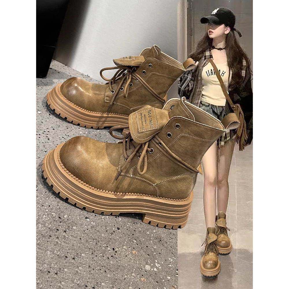 覆古厚底马丁靴女秋季新款真皮舒适工装大黄靴英伦风时尚机车短靴