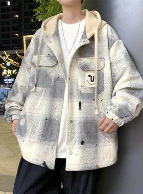 覆古工装撞色格子外套男款秋冬季加棉加厚连帽棉衣青少年帅气夹克