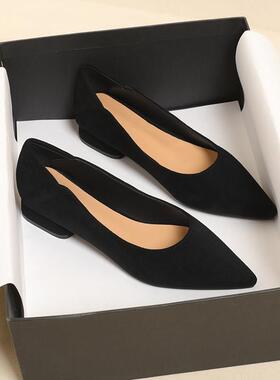 店主自留新款~黑色真皮低跟工作鞋女不累脚职业粗跟尖头浅口单鞋