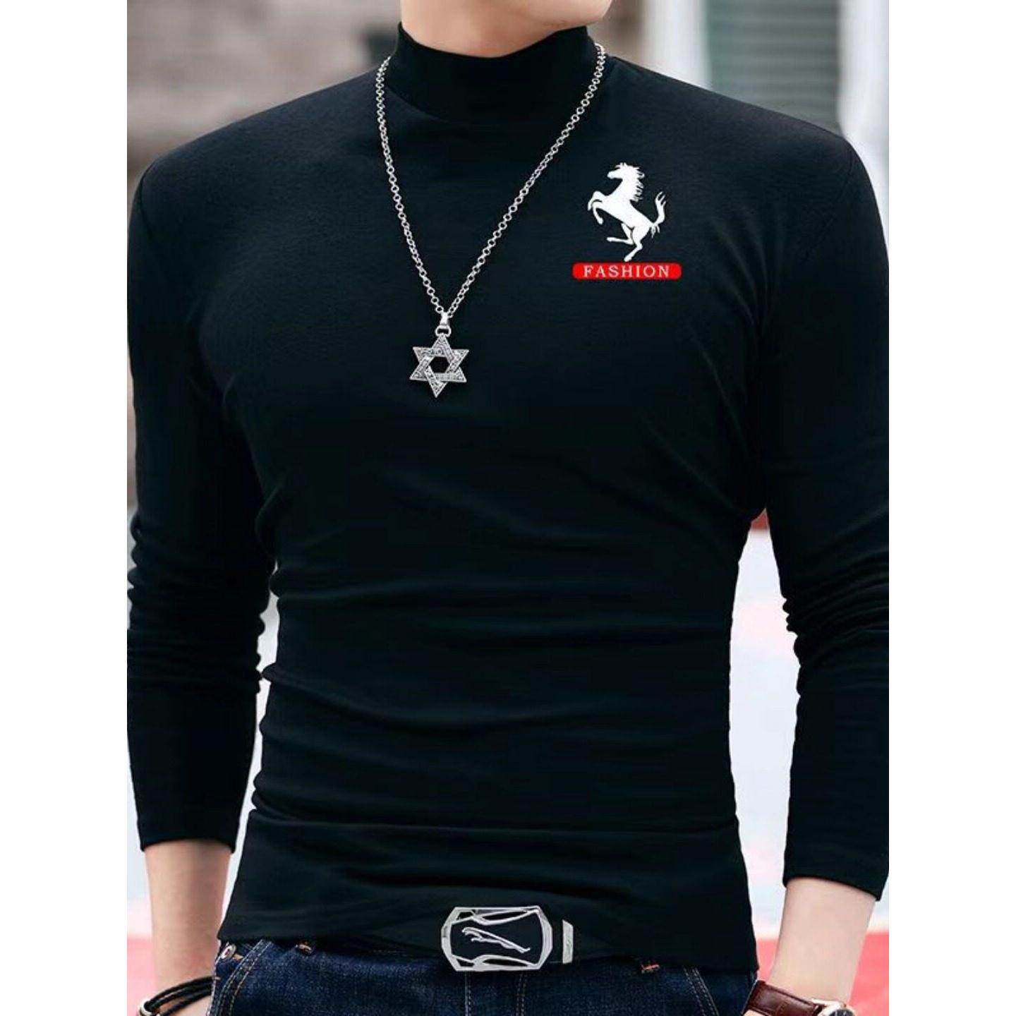 秋冬加厚打底衫男士纯棉修身内搭半高领潮流印花百搭长袖T恤男帅