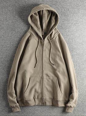 原创高端美式覆古双拉炼重磅水洗加绒加厚连帽卫衣男潮流青年外套