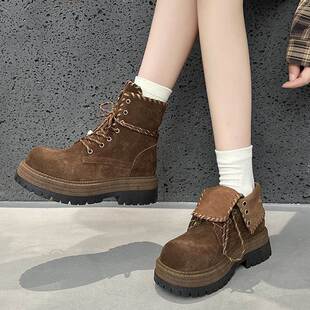 两穿翻领内增高女靴秋冬2025新款头层牛皮马丁靴英伦厚底时尚短靴