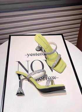 Craes Kally 洋气推荐！外穿高跟一字拖鞋水钻方头金属细跟凉拖鞋