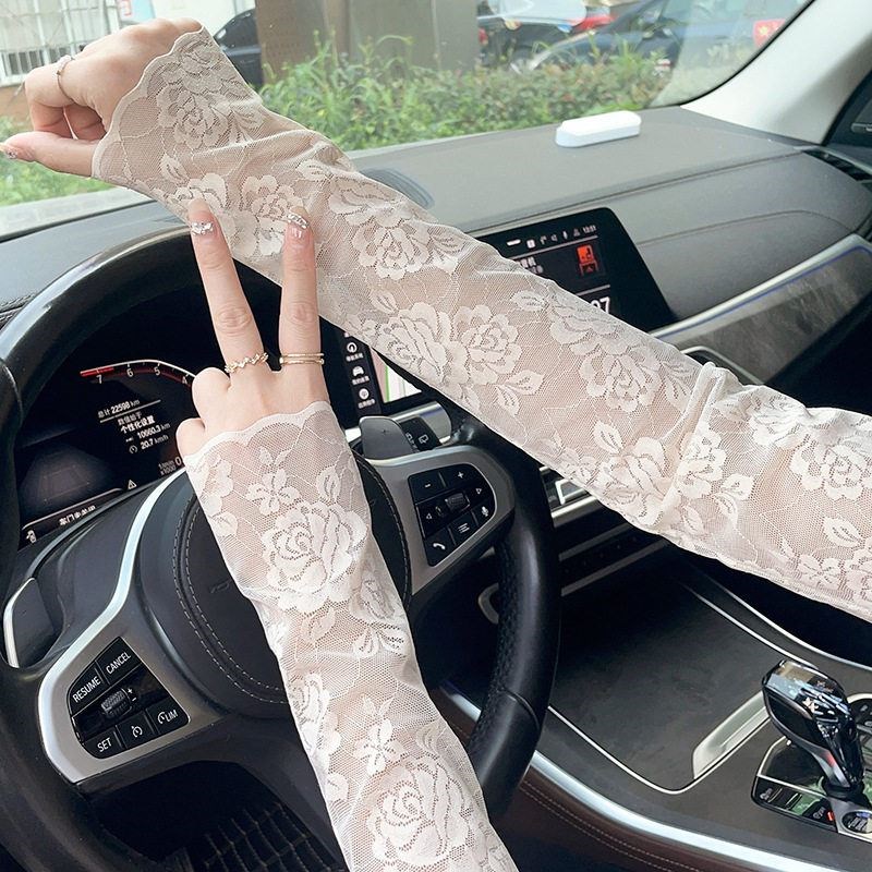 蕾丝防晒袖套女冰丝开车抗UV遮疤痕手臂套透气薄款