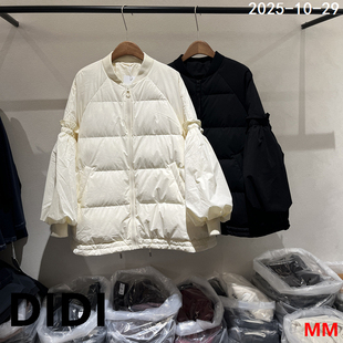 欧洲站2025冬季新款棒球领拉链灯笼袖中长款白鸭绒羽绒服女外套