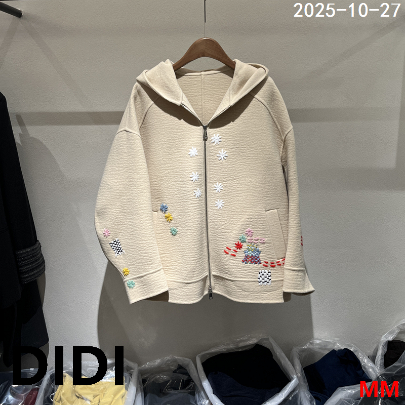 欧洲站2025冬季新款连帽双拉链头花朵刺绣羊毛羊绒毛呢外套女5303