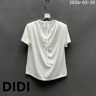 欧洲站2026春季 时尚 百搭显瘦V领系带宽松纯棉短袖 T恤女6093 新款