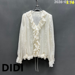 女款 欧洲站2026春季 衬衫 通勤风V领荷叶边系带蕾丝长袖 26507 新款