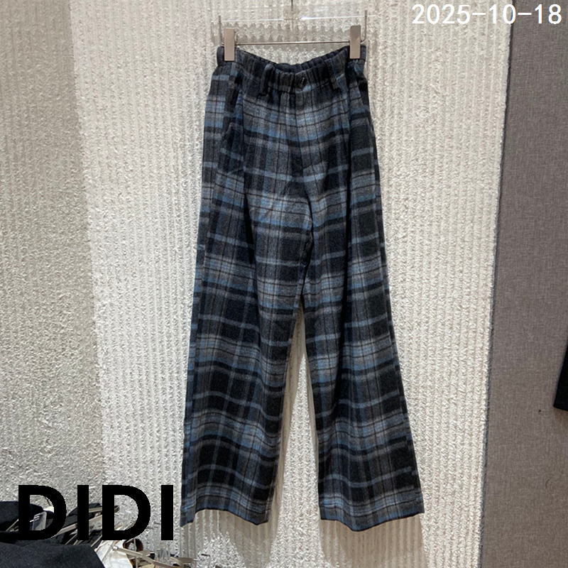欧洲站2025秋冬季新款松紧腰单扣格子毛呢休闲裤女阔腿裤251031