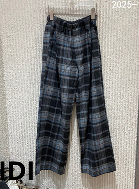 欧洲站2025秋冬季新款松紧腰单扣格子毛呢休闲裤女阔腿裤251031