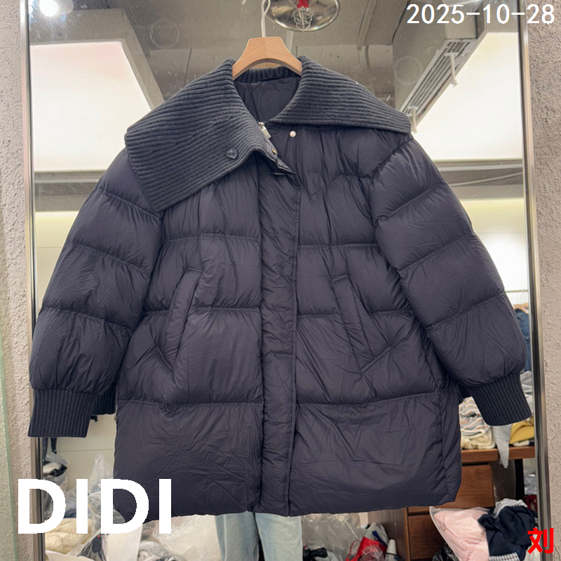 欧洲站2025冬季新款针织大翻领宽松休闲白鹅绒鹅毛羽绒服女外套