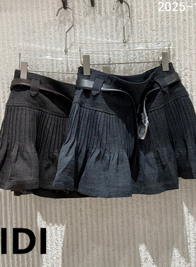 欧洲站2025冬季新款高腰腰带压褶A字半身裙女防走光短裙17095