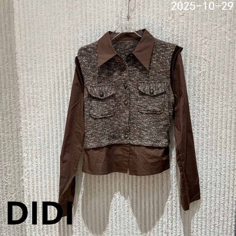 欧洲站2025冬季新款翻领系扣针织拼接假两件长袖衬衫女上衣1515