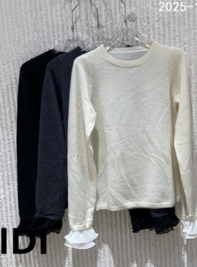 欧洲站2025冬季新款圆领拼接袖口山羊绒长袖针织套头毛衣女101606