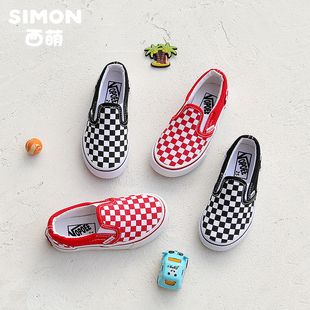 经典万斯儿童格子帆布鞋中大童软底棋盘格板鞋学生一脚蹬防滑单鞋