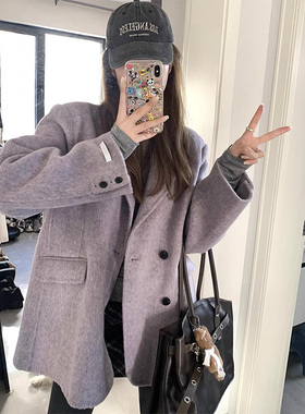 高级感紫色西装毛呢外套女法式宽松气质小个子短款长袖上衣开衫潮