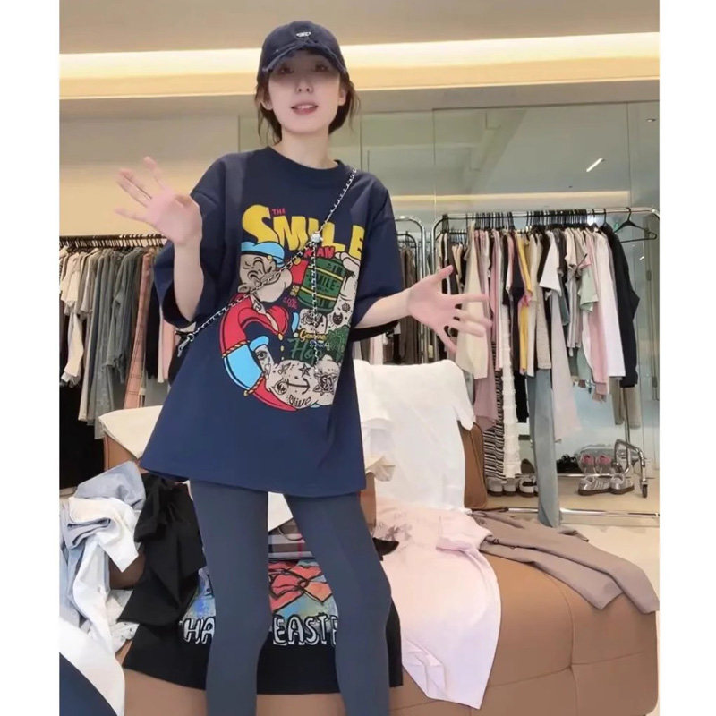 短袖慵懒风字母印花卡通棉上衣女