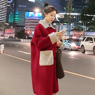 红色外套女2026秋冬新款韩版宽松皮毛一体大衣潮