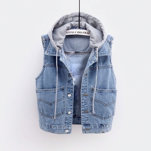 背心马夹无袖 百搭连帽牛仔马甲女短款 上衣坎肩潮 韩版 2025春秋新款