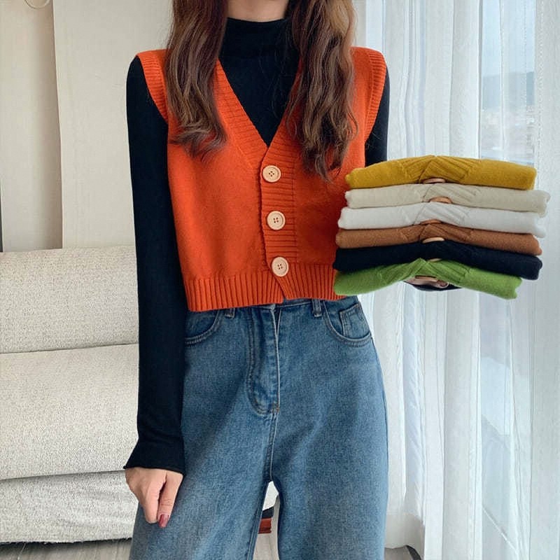 2025新款宽松V领短款外穿马甲开衫薄款糖果色无袖针织衫女装洋气