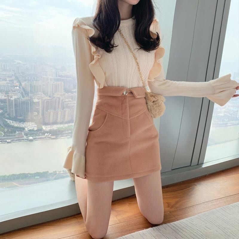 荷叶边泫雅两件套温柔风显瘦针织衫 高腰显瘦百搭半身裙春秋新款