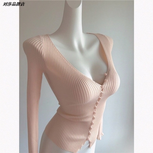 韩系很仙的潮性感女装新款针织粉色V领上衣服开衫长袖时尚春秋季