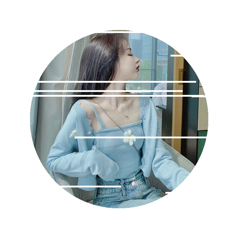 春秋上衣外套茶系软奶蓝甜美花朵短款针织衫+吊带背心两件套装女