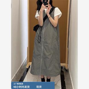 山系灰色工装机能风背心裙女设计感拉链连衣裙胖mm大码显瘦背带裙