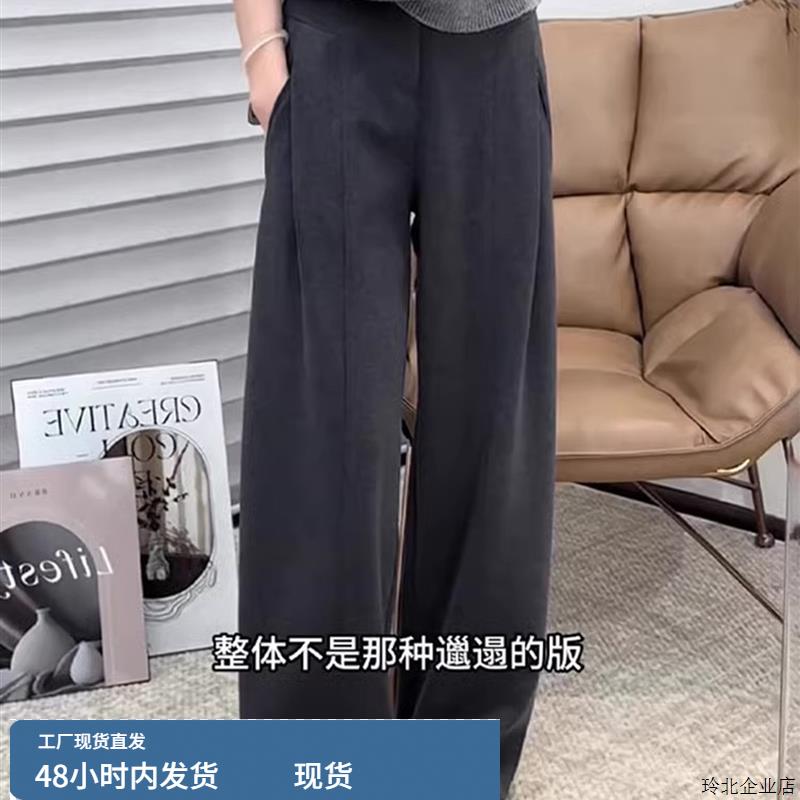 灰色毛呢阔腿西装裤女2025新款秋冬高腰大码显瘦垂感窄版直筒裤子