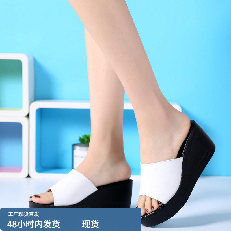 跨境夏季凉拖女韩版坡跟牛皮女拖鞋增高鱼嘴一字拖女糖果色彩