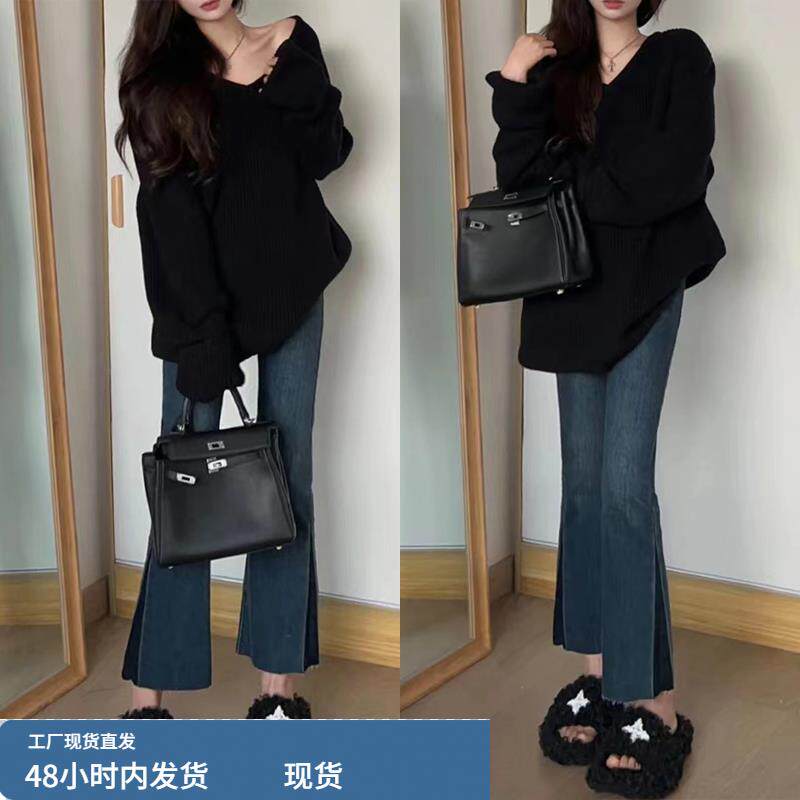 高腰拼接喇叭牛仔裤女2025新款胖mm大码显瘦弹力小个子九分微喇裤