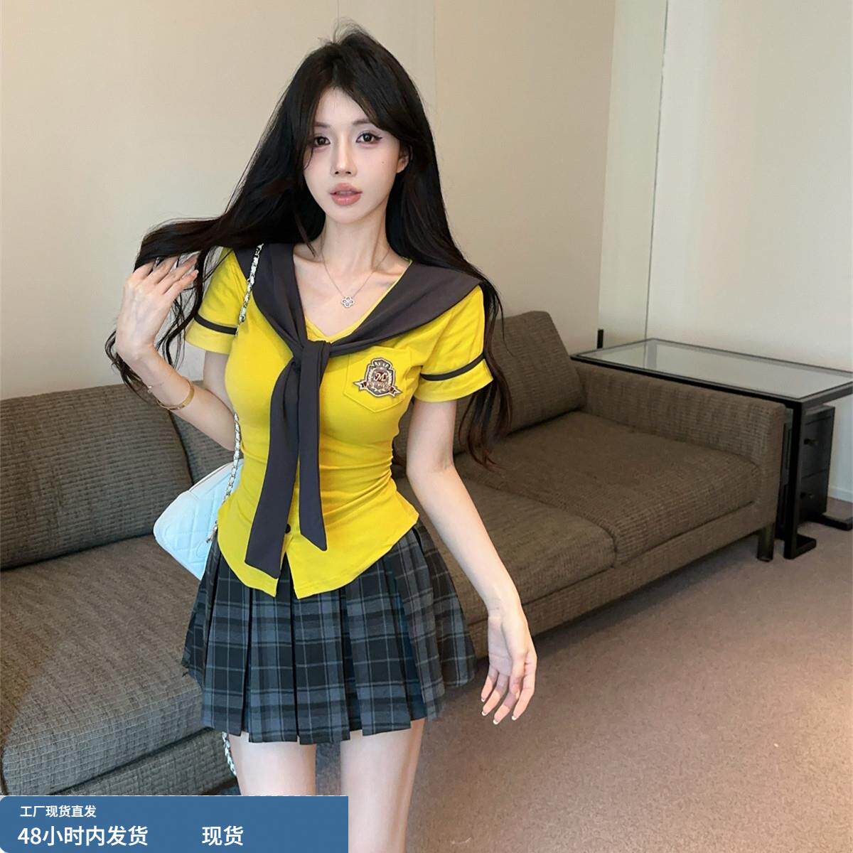 独特漂亮一整套学院风jk制服辣妹短袖披肩T恤上衣高腰百褶裙套装